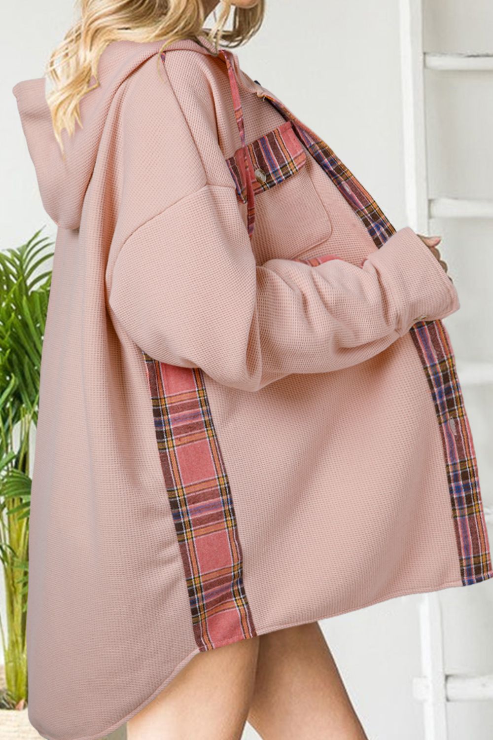 Waffle Knit Plaid Patchwork Drawstring Hooded Shacket by Wild and Free Boutique