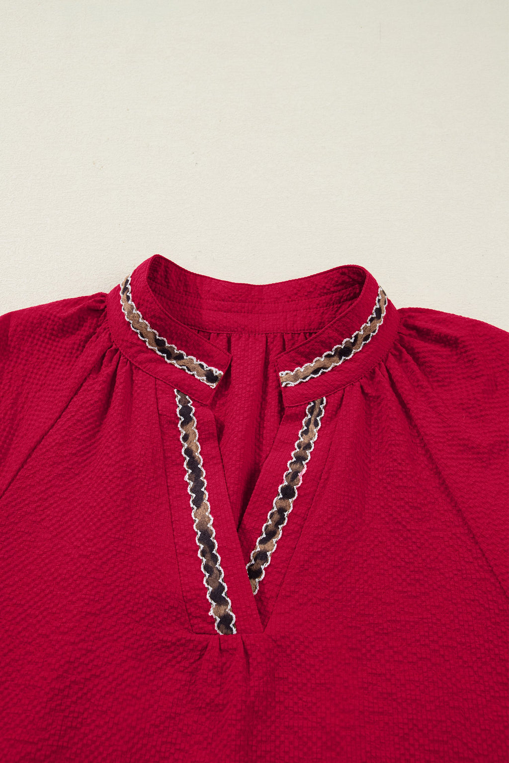 Racing Red Leopard Jacquard Print V Neck Textured Blouse by Wild and Free Boutique