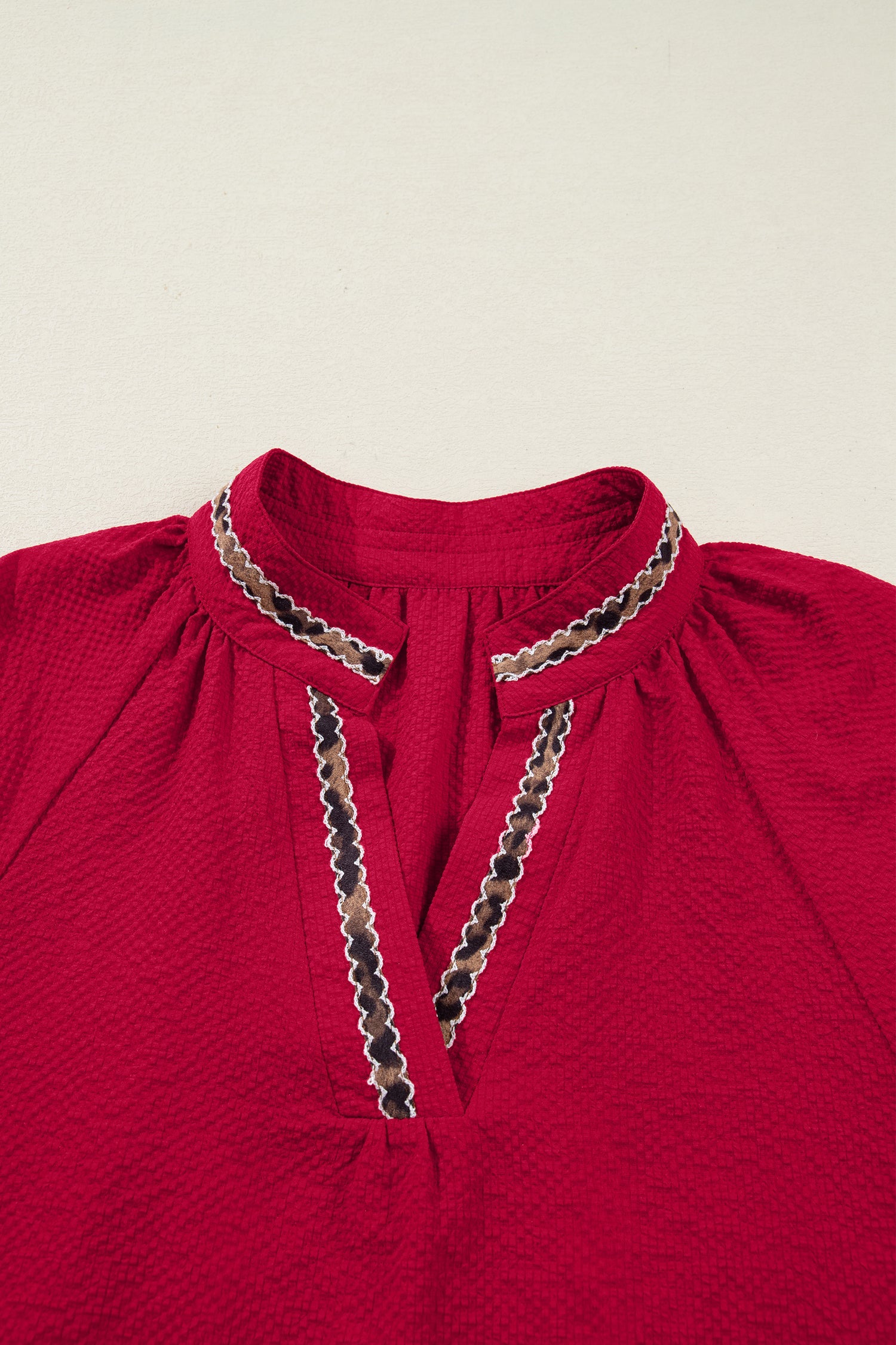 Racing Red Leopard Jacquard Print V Neck Textured Blouse by Wild and Free Boutique