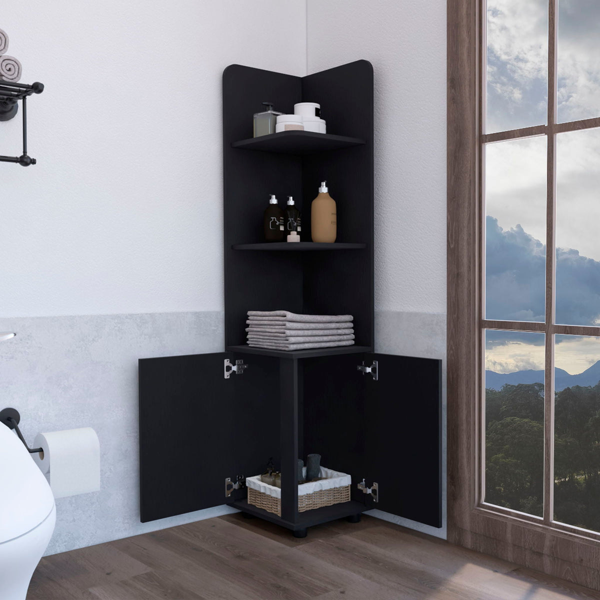 Corner Cabinet Tall With 3 Tier Shelf And 2 Door - Black by Unique Piece Furniture