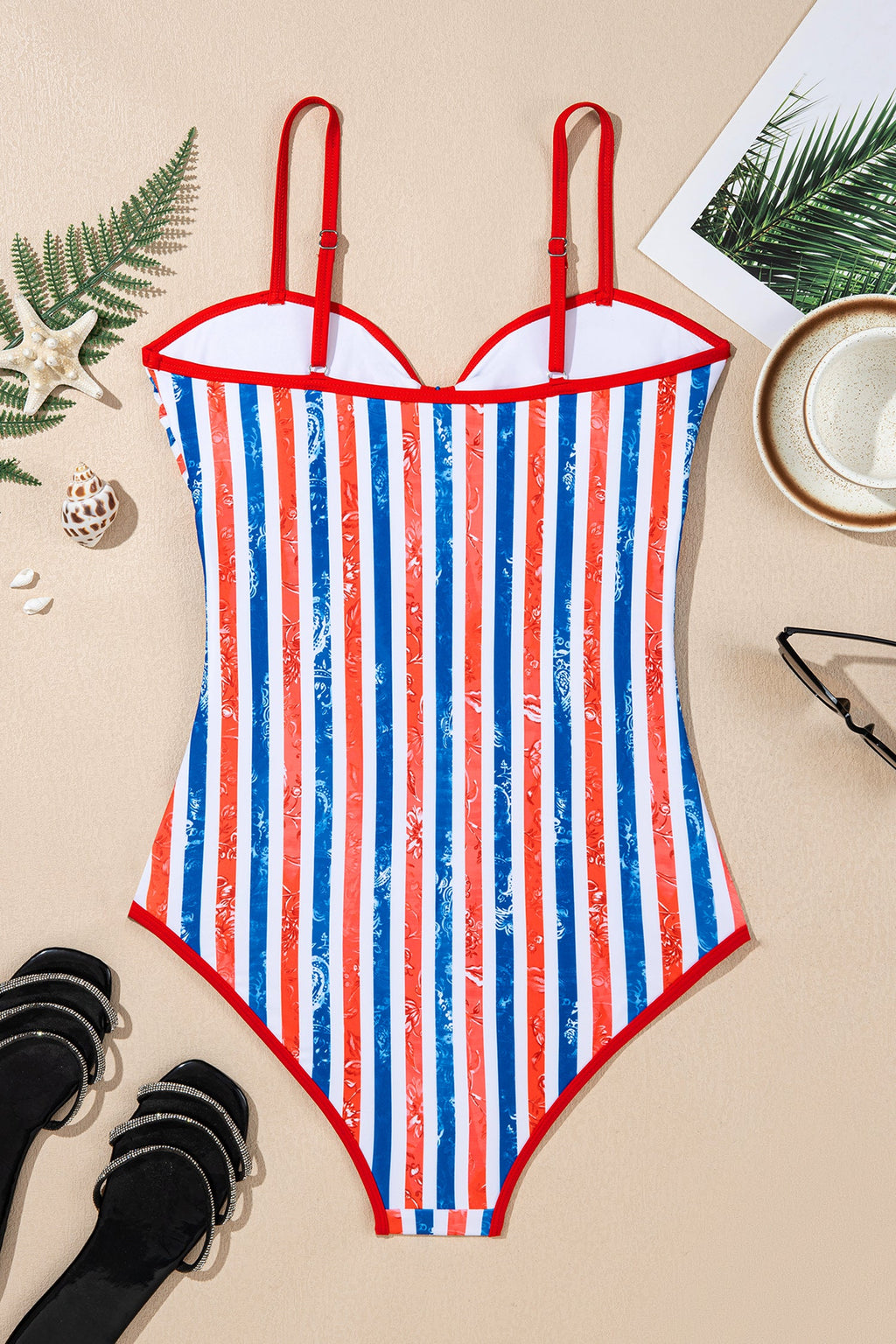Red July 4th Stripes Star Floral Impression Cutout Spaghetti Straps One Piece Swimsuit by Wild and Free Boutique