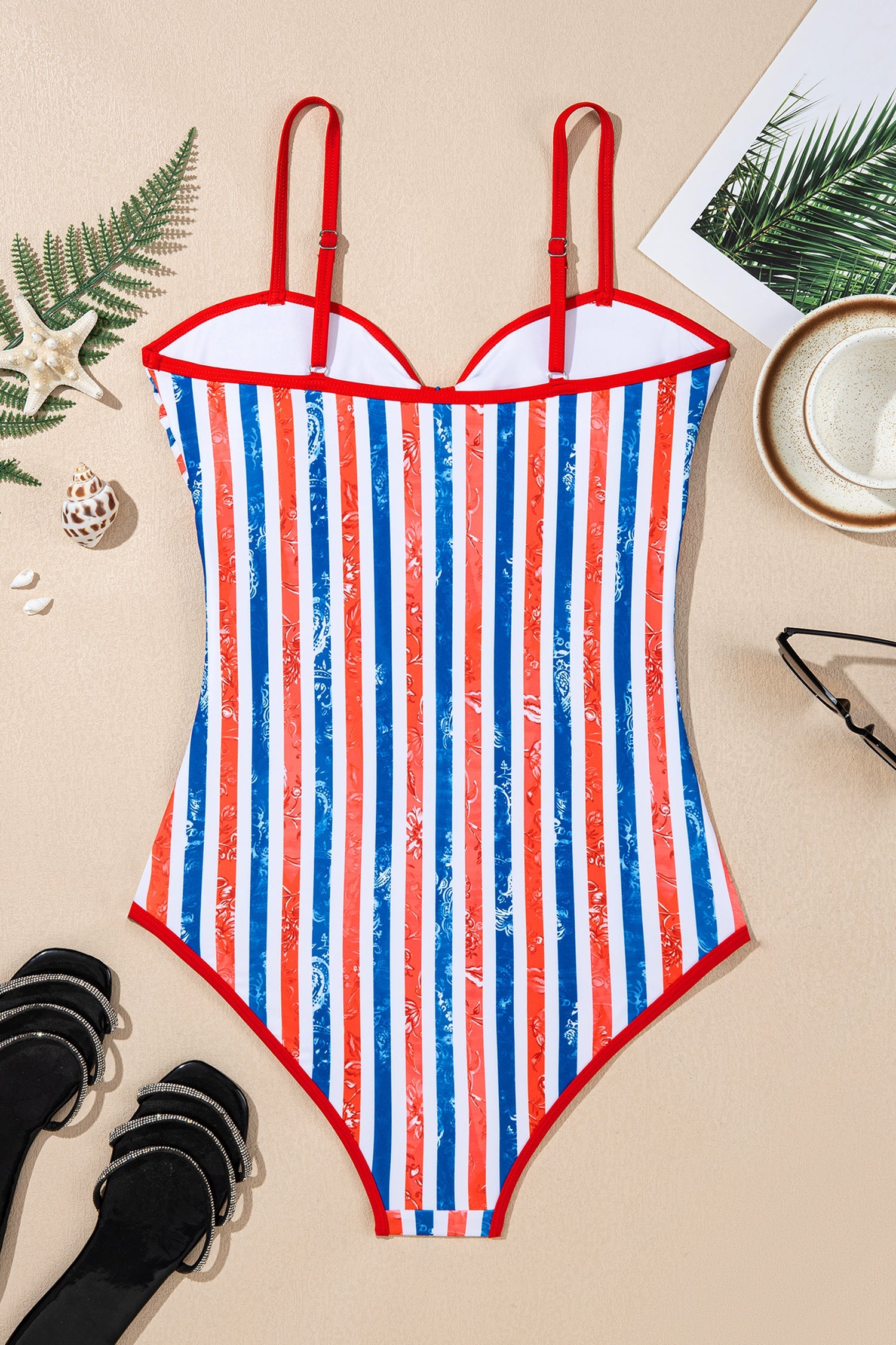 Red July 4th Stripes Star Floral Impression Cutout Spaghetti Straps One Piece Swimsuit by Wild and Free Boutique