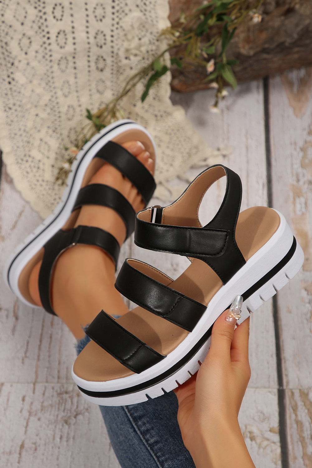 Camel Hollow Out Buckle PU Leather Platform Sandals by Wild and Free Boutique
