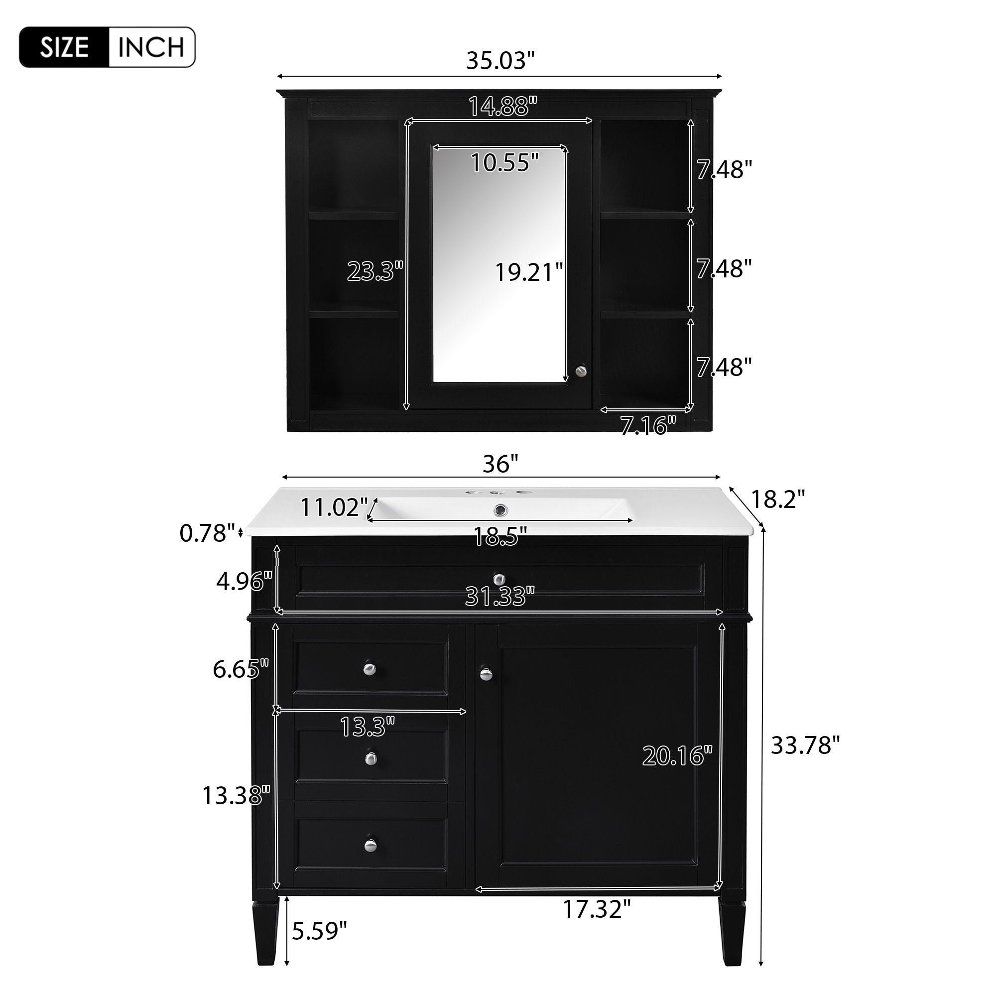 Bathroom Vanity With Mirror Cabinet, Single Sink With 2 Soft Closing Doors And 4 Drawers by Unique Piece Furniture