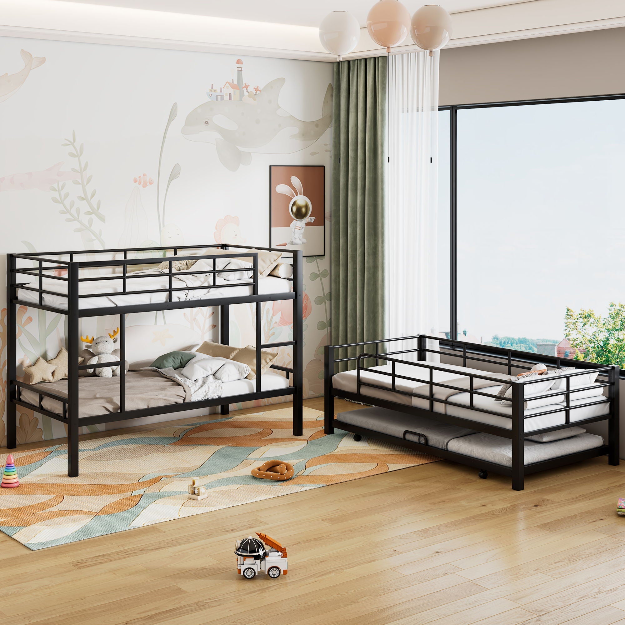 Triple Bunk Bed With Trundle, Heavy Duty Steel Construction by Unique Piece Furniture