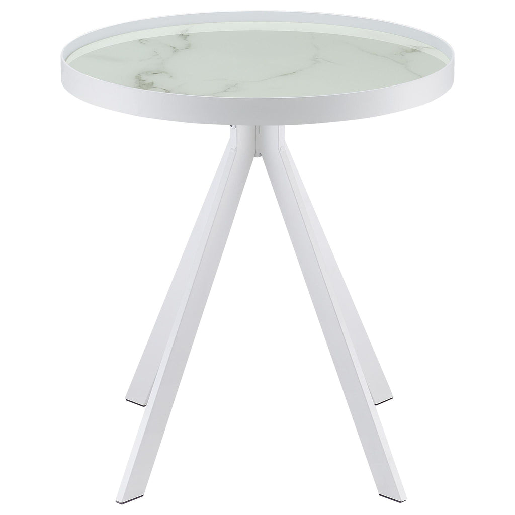 Briggs Round Marble Printed Glass Top End Side Table White by Unique Piece Furniture