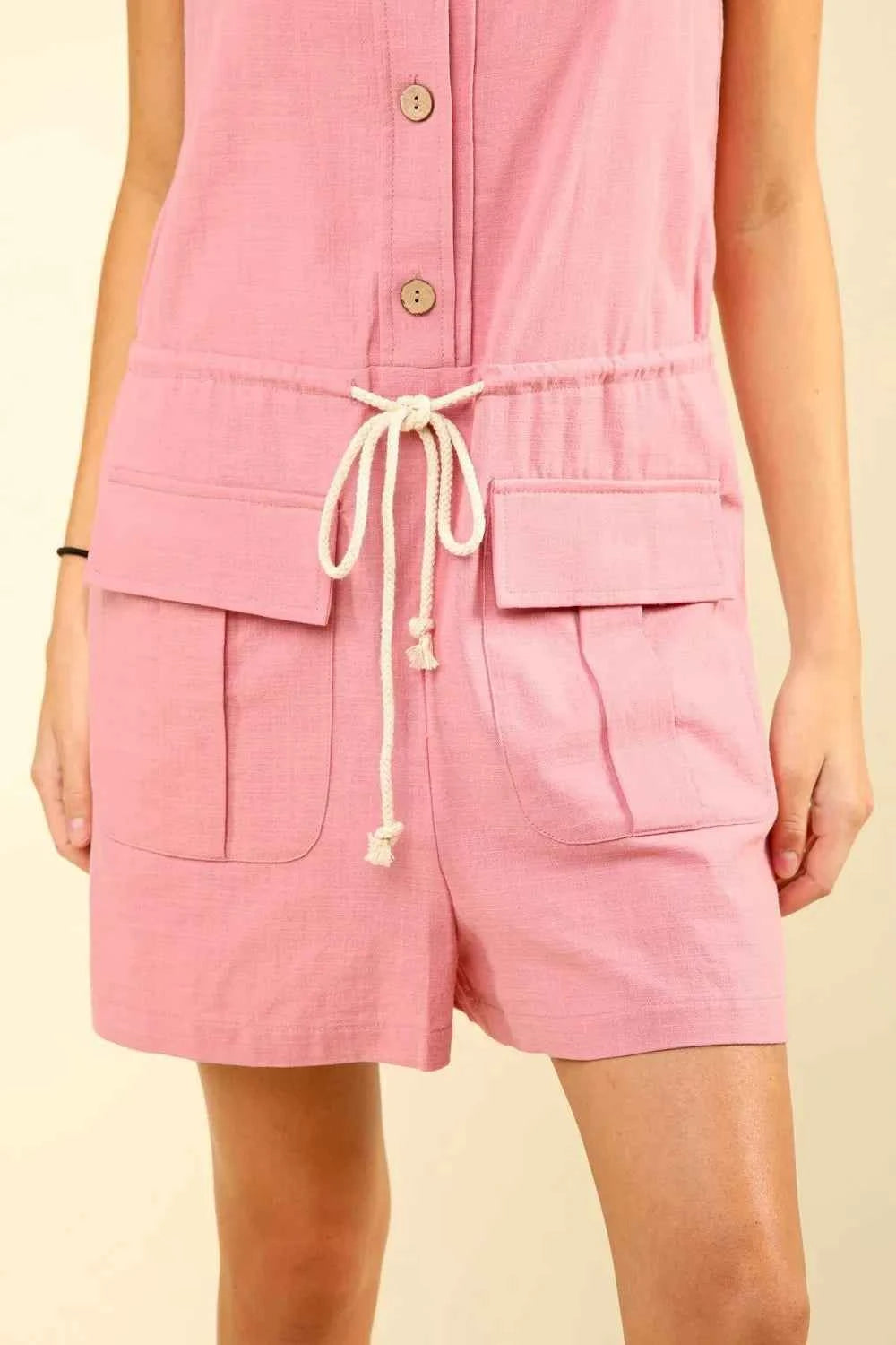 VERY J Half Button Drawstring Sleeveless Romper by Wild and Free Boutique