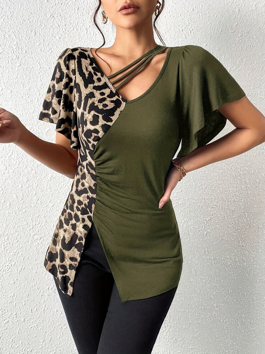 Ruched Leopard Flutter Sleeve T-Shirt by Wild and Free Boutique