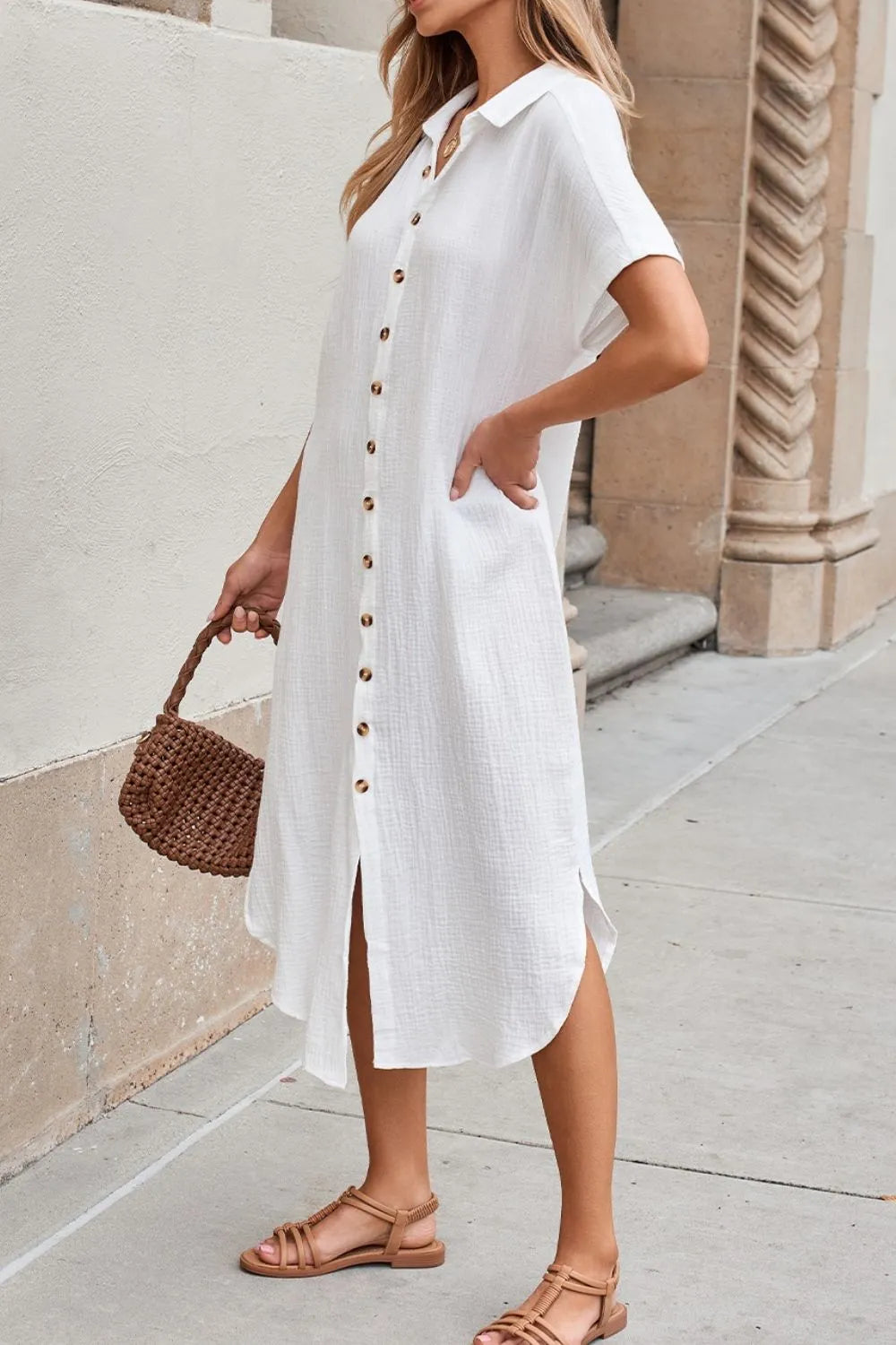 Button Down Short Sleeve Midi Shirt Dress by Simply Love