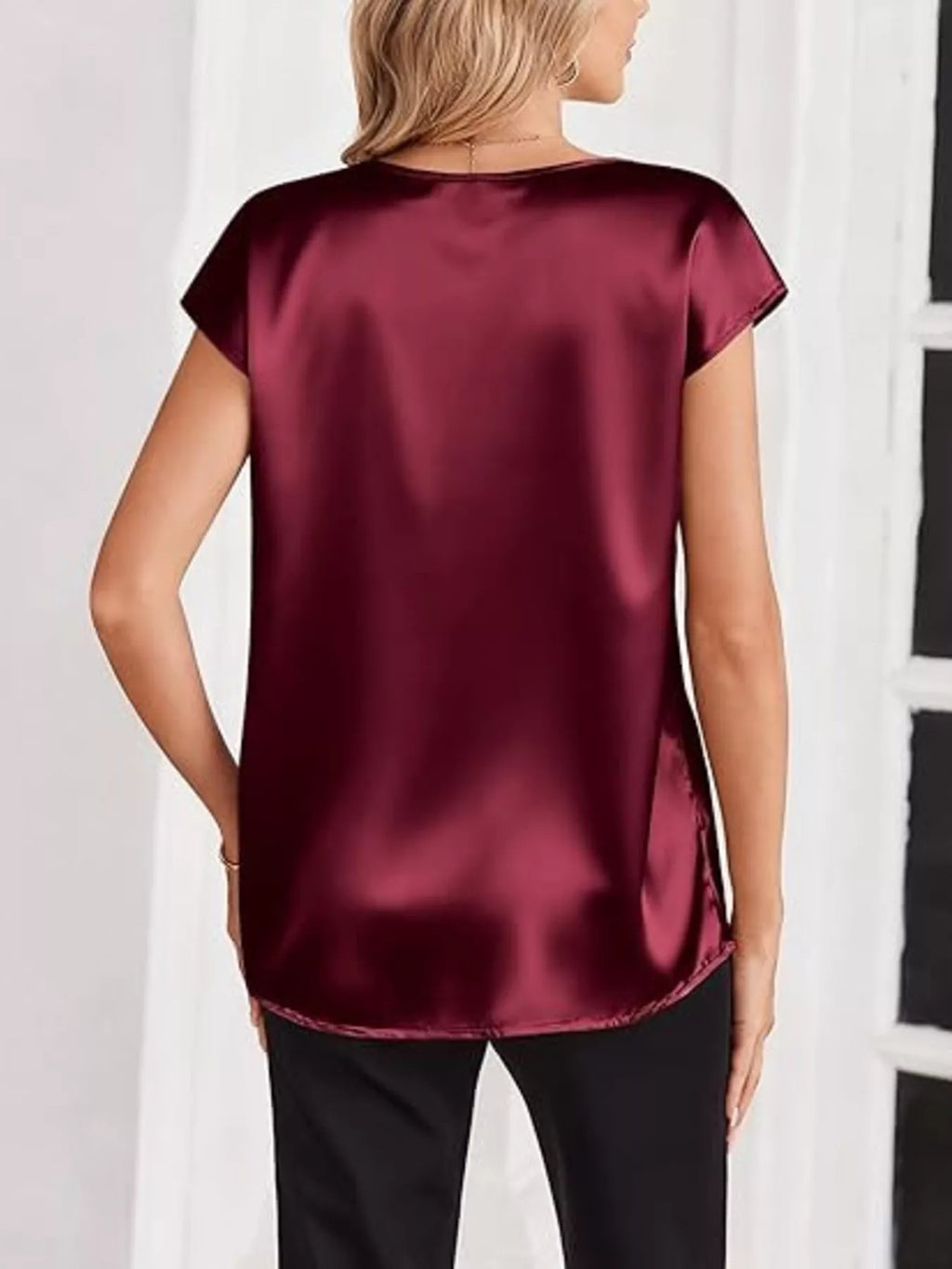 Satin V-Neck Short Sleeve Blouse by Wild and Free Boutique