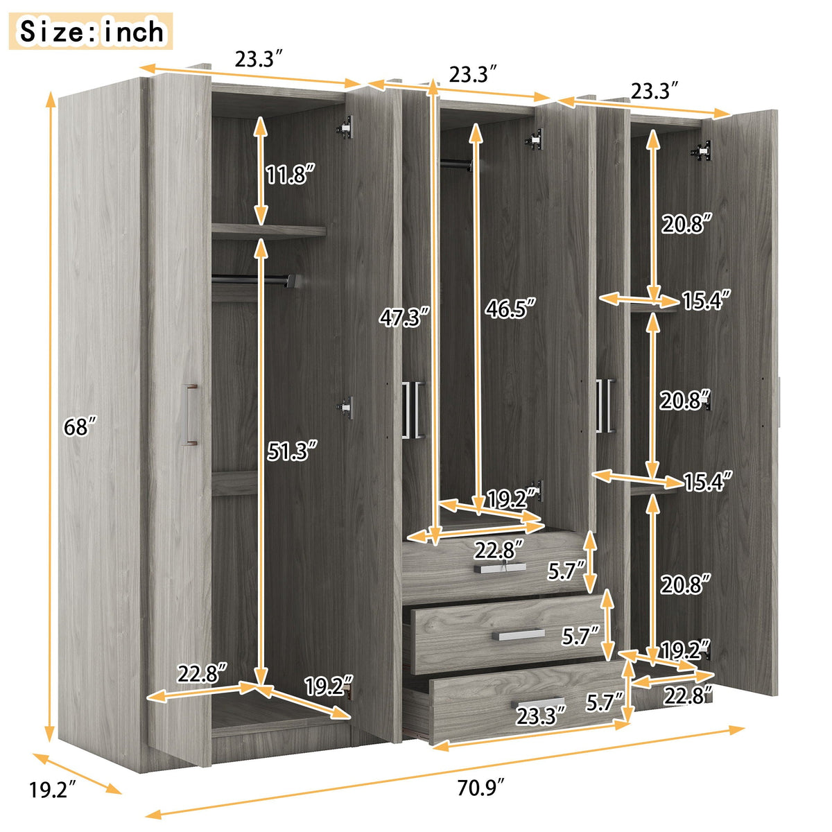 6 Doors Wardrobe Storage For Bedroom, With Big Drawers by Unique Piece Furniture