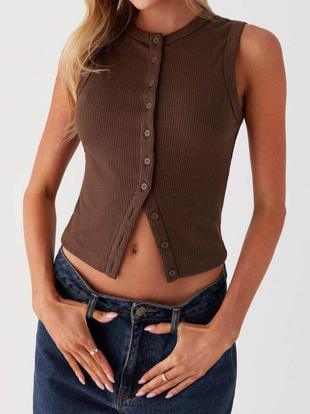 Lovelet Button Up Round Neck Tank for Stylish Comfort by Selvanelle
