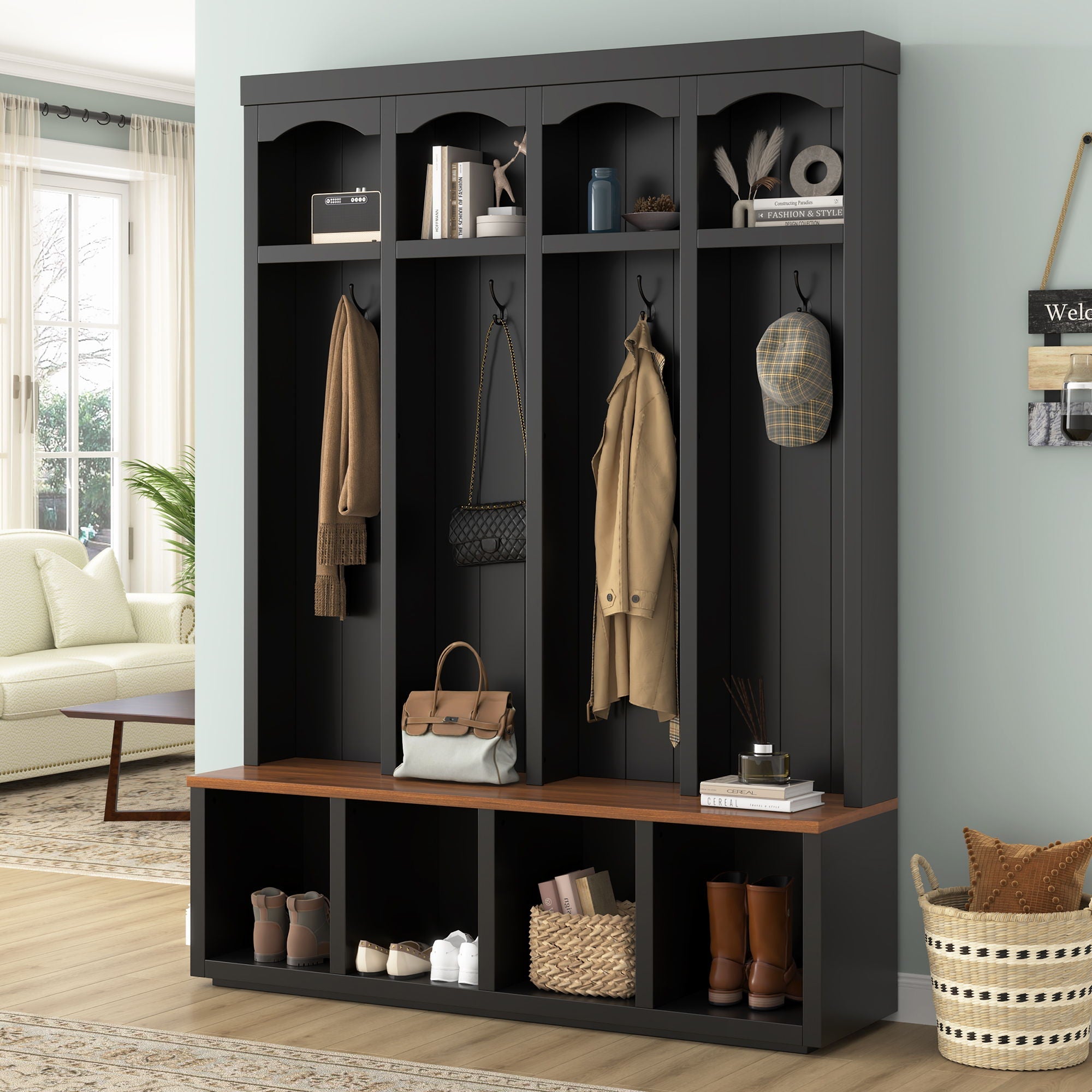 Entryway Hall Tree With Bench, 4 Hooks & Open Storage Space by Unique Piece Furniture