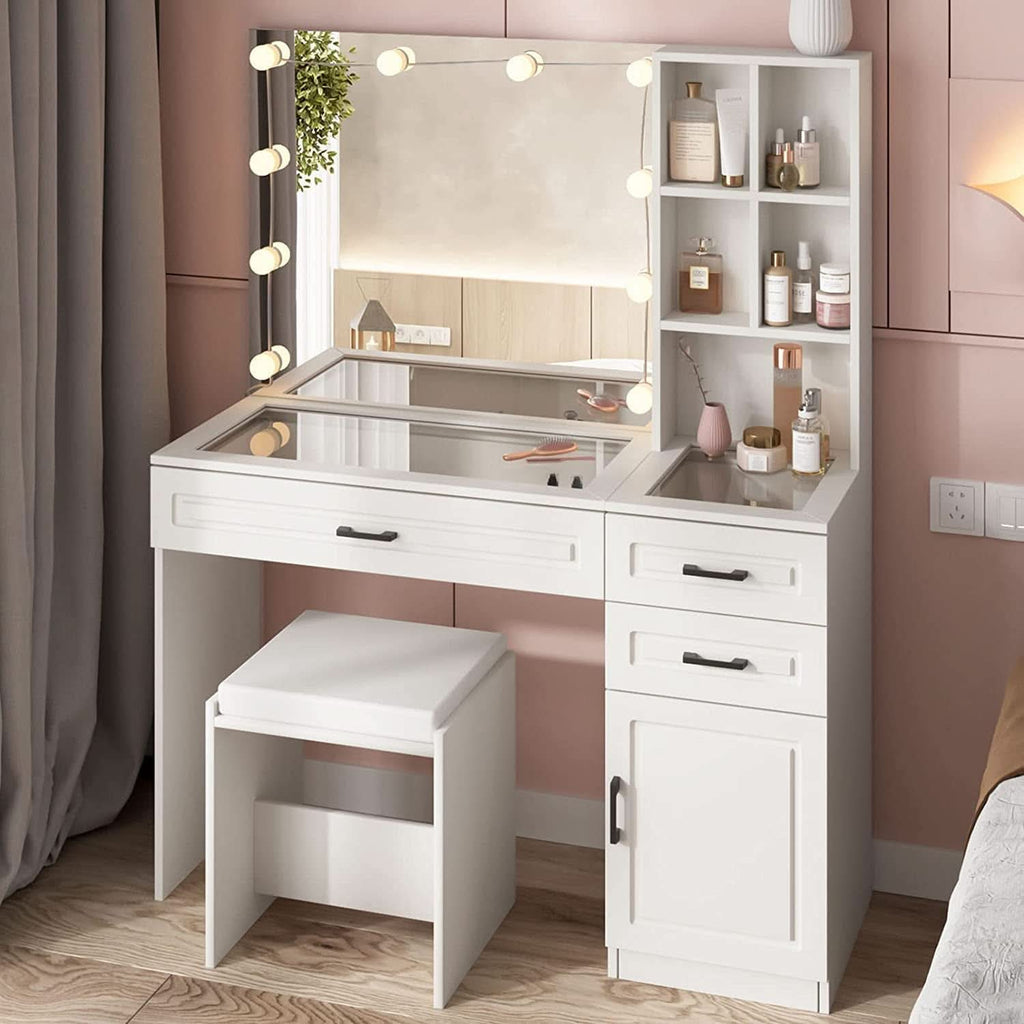 White Vanity Table Set With Glass Top Hollywood Mirror by ShipItFurniture