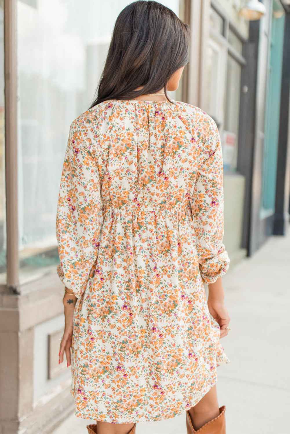 Yellow Boho Floral V Neck Ruffled Empire Waist Long Sleeve Mini Dress by Wild and Free Boutique