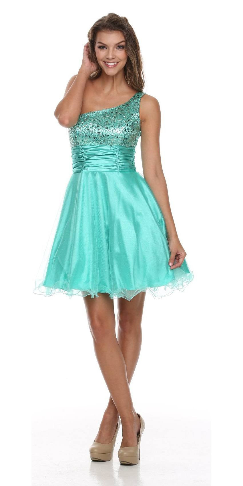 Juliet 733 One Shoulder Short Dress Sparkly Sequins Glitter Tulle Skirt by DiscountDressShop