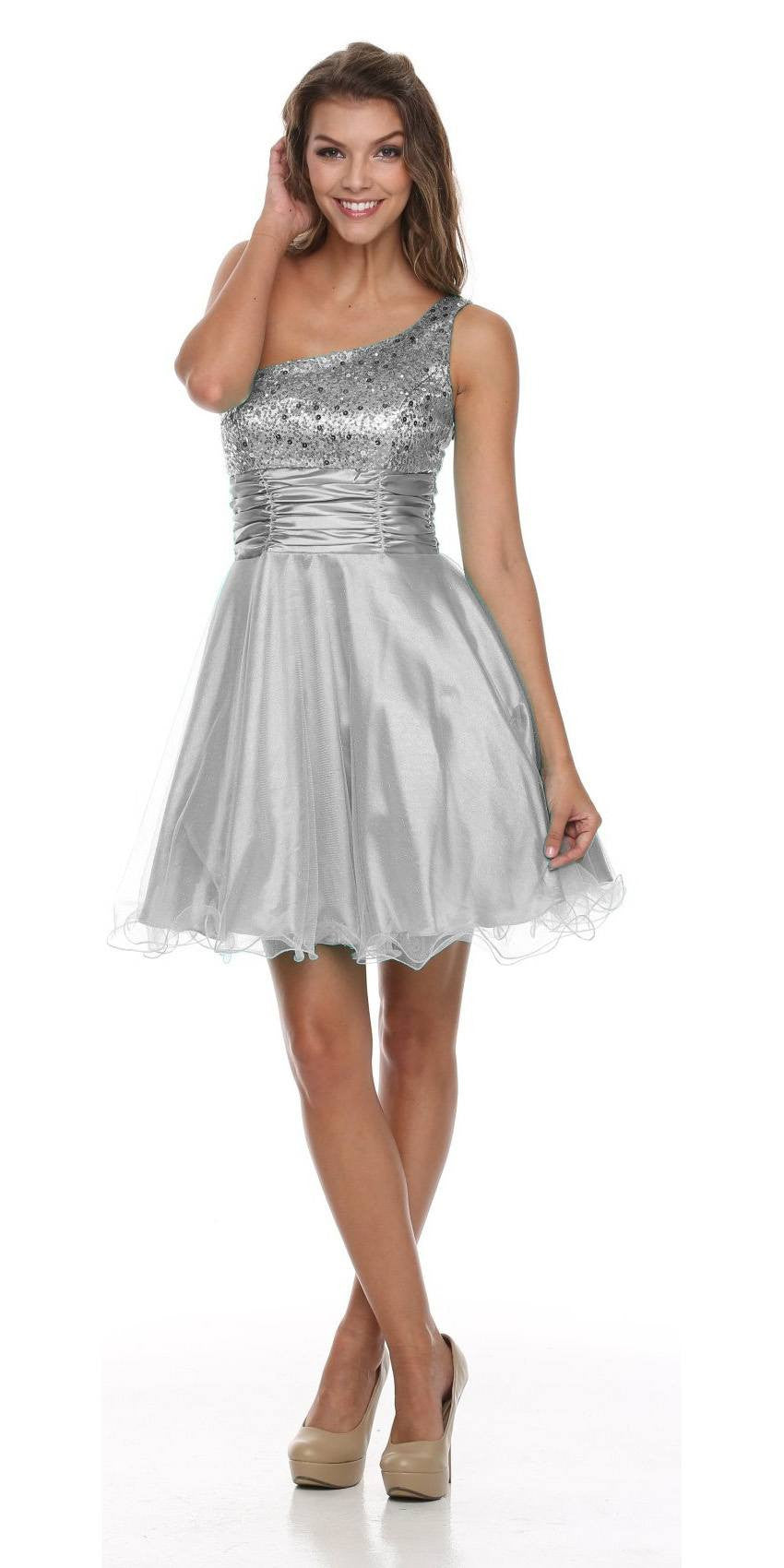 Juliet 733 One Shoulder Short Dress Sparkly Sequins Glitter Tulle Skirt by DiscountDressShop