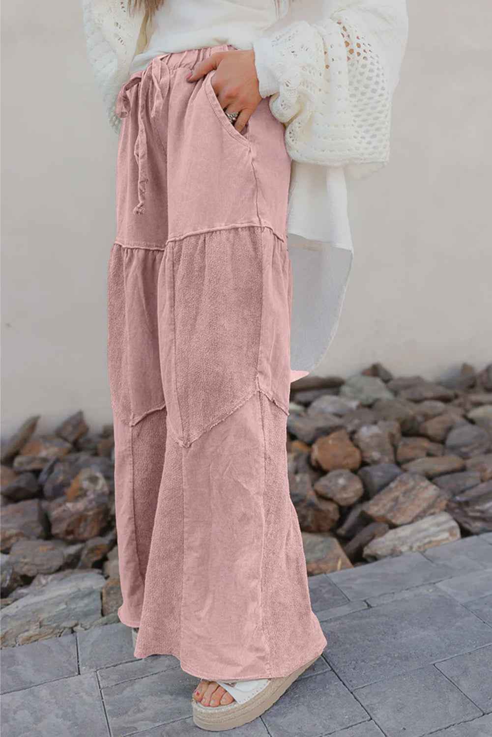 Mineral Wash Tiered Wide Leg Patchwork Drawstring Pants by Wild and Free Boutique