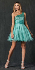 Juliet 733 One Shoulder Short Dress Sparkly Sequins Glitter Tulle Skirt by DiscountDressShop