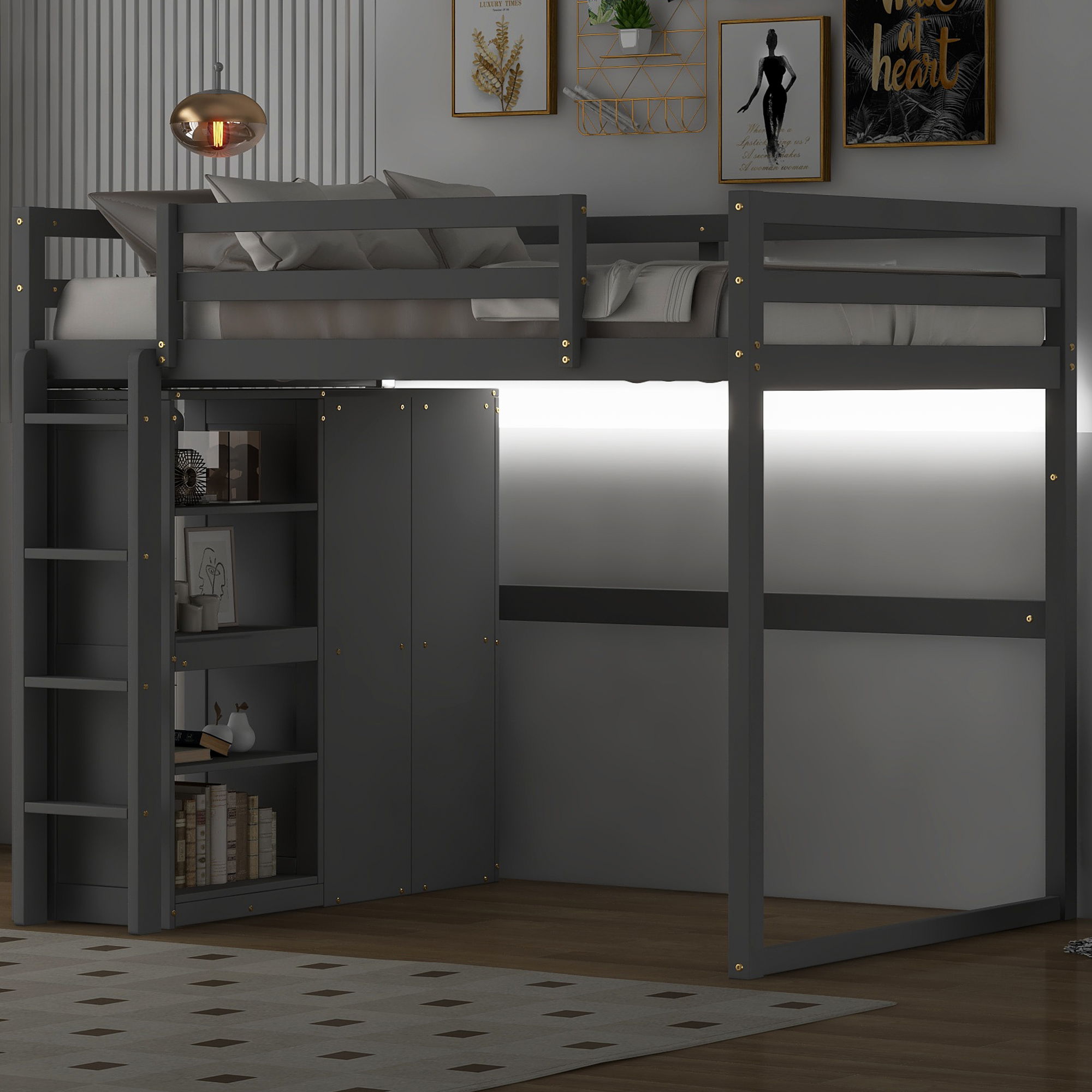 Loft Bed With Built In Wardrobe, Storage Shelves, And LED Light by Unique Piece Furniture