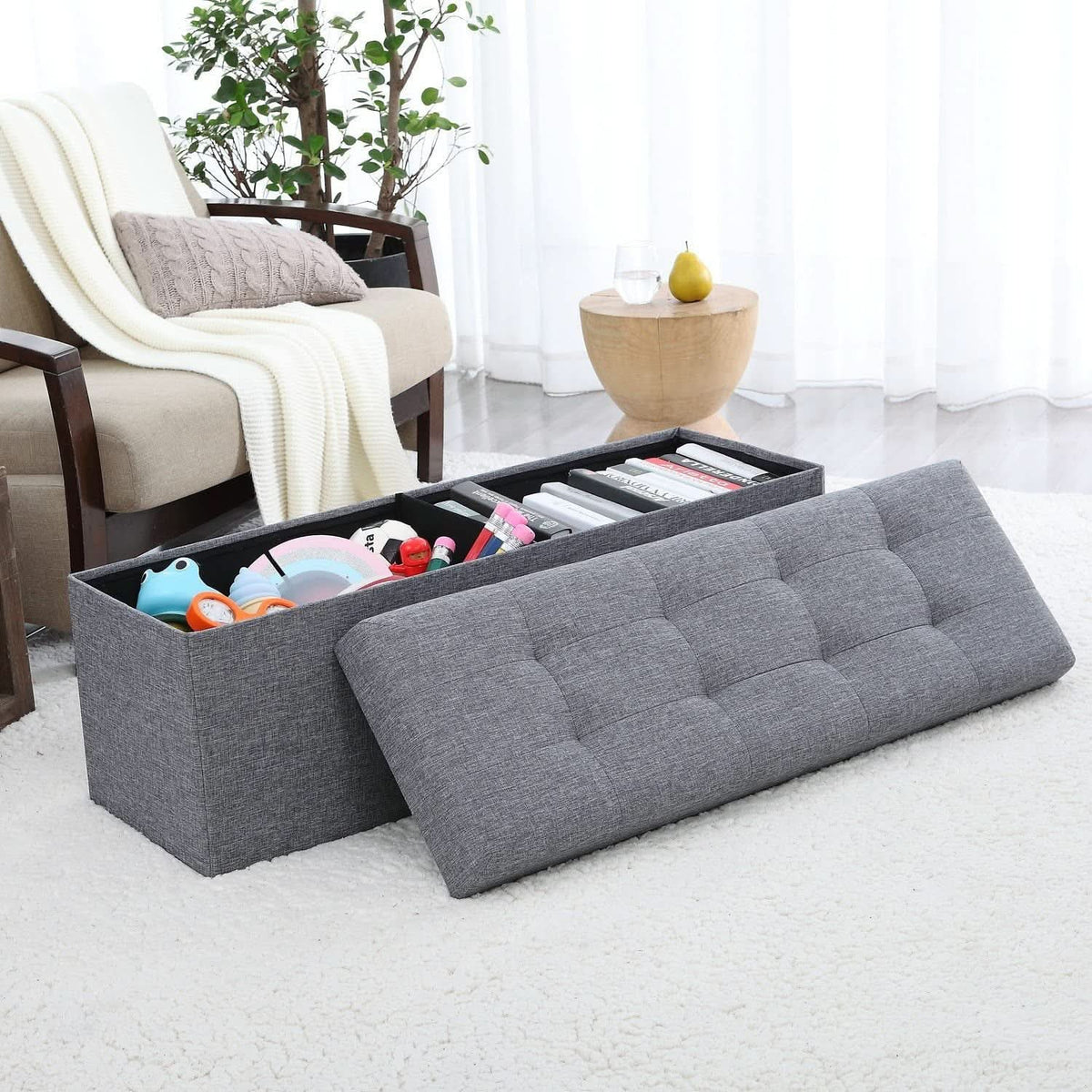 Gray 45 Inch Storage Ottoman Bench Durable Upholstery by ShipItFurniture