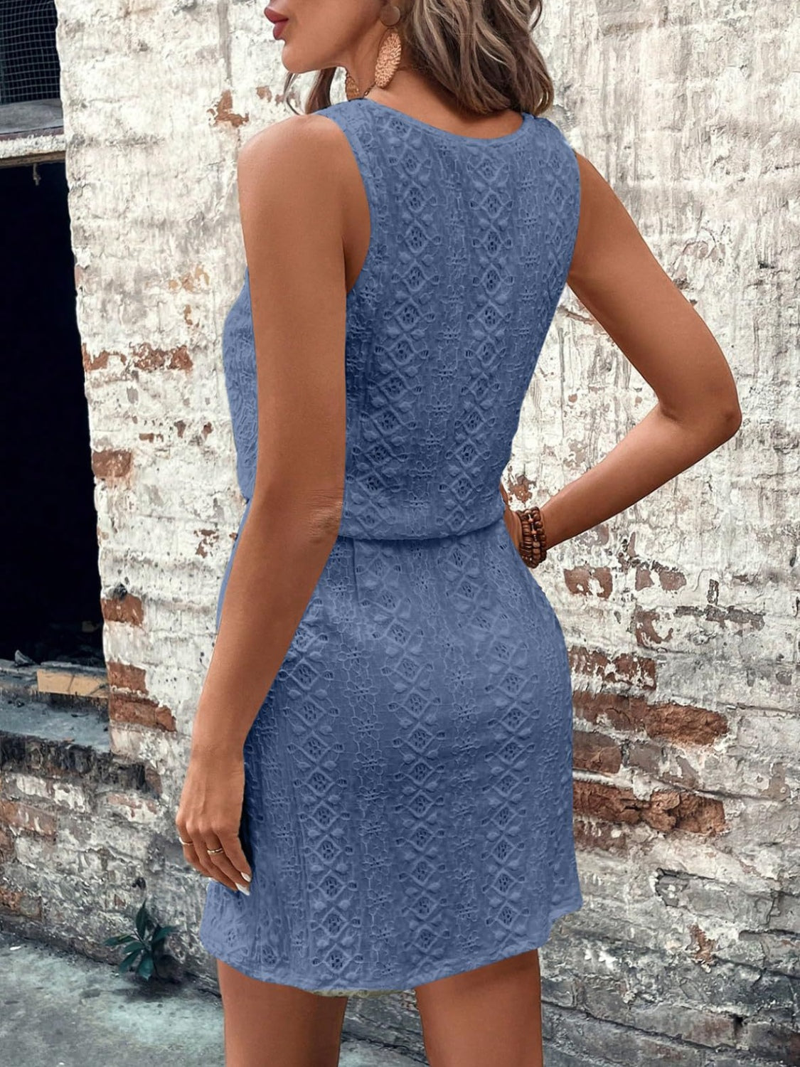 Eyelet Drawstring Round Neck Sleeveless Dress by Wild and Free Boutique