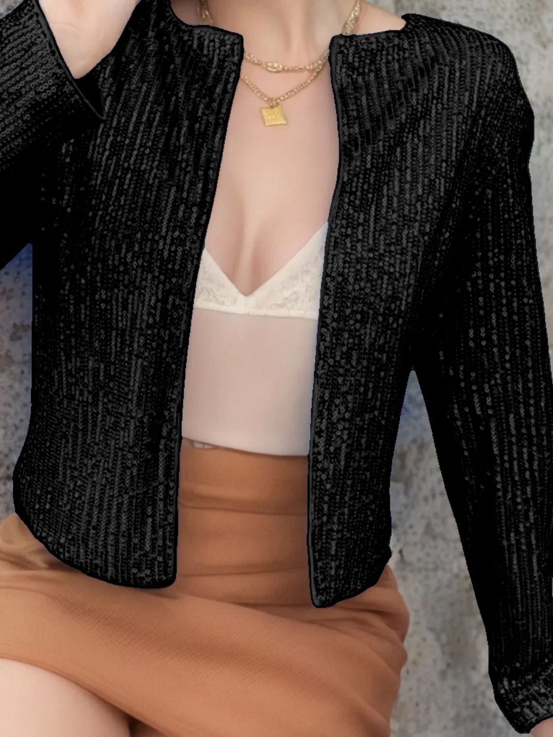 Full Size Sequin Open Front Cropped Jacket by Wild and Free Boutique