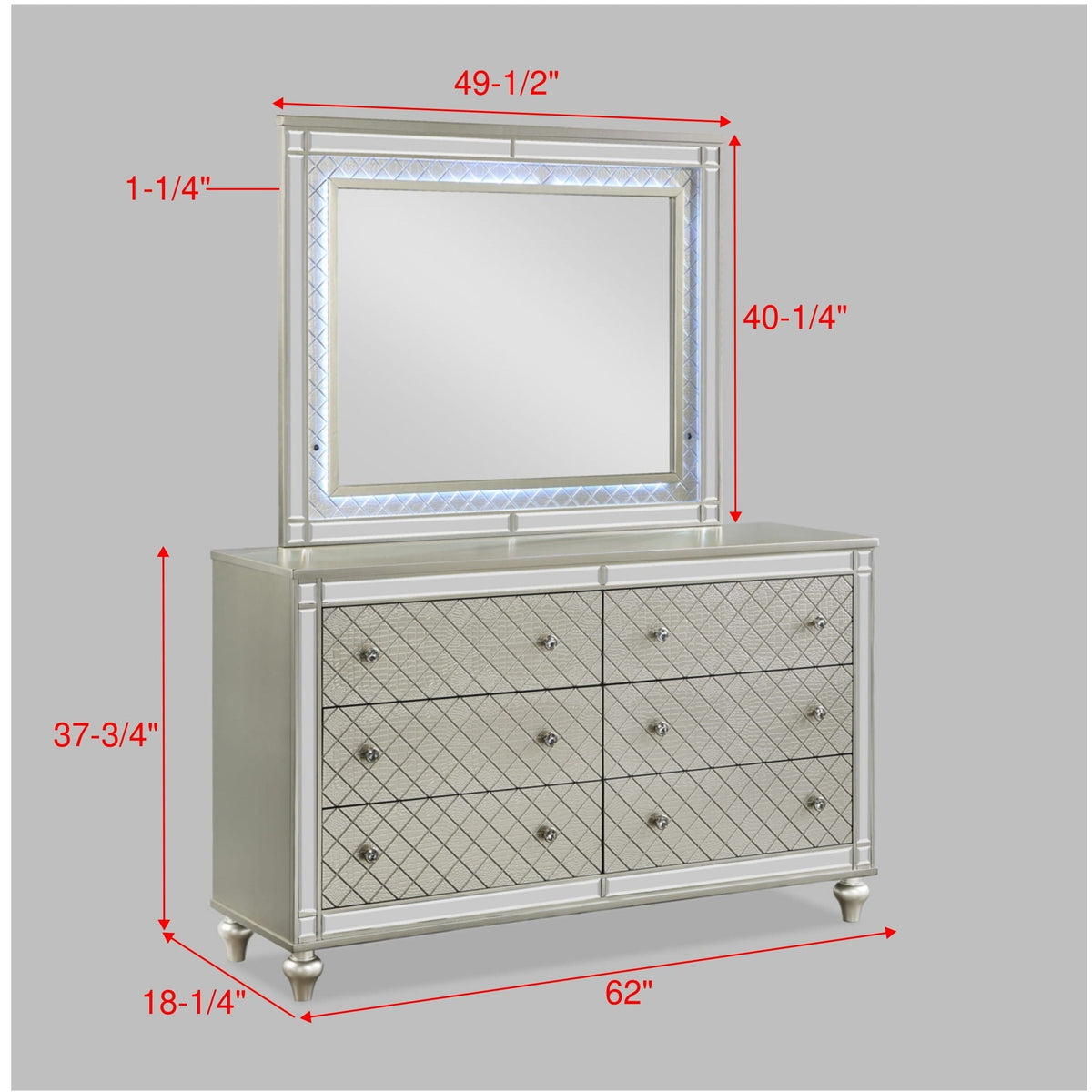 6 Drawer Bedroom Dresser With Diamond Patterned Drawer Fronts - Silver by Unique Piece Furniture