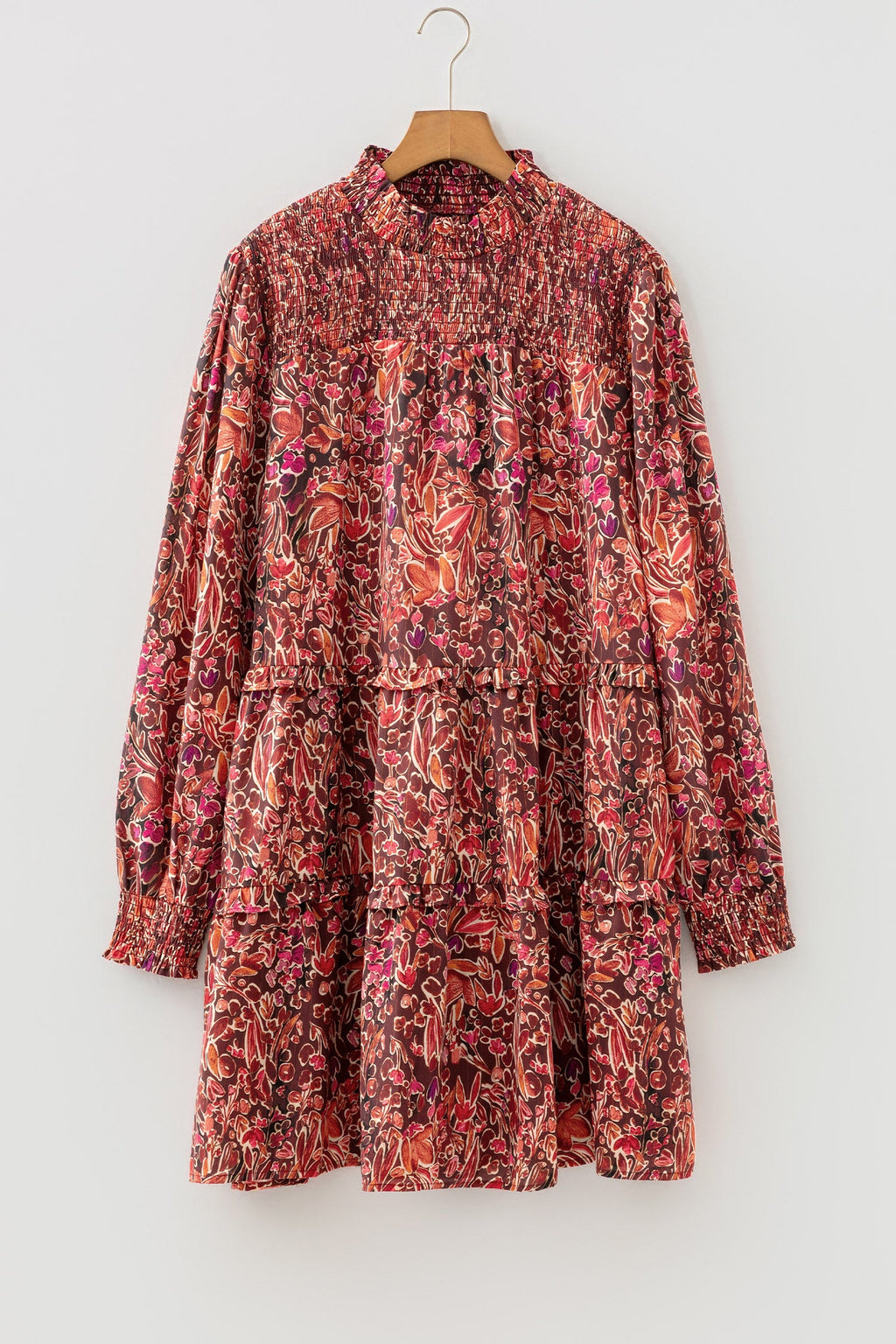 Red Floral Print Long Sleeve Shirred High Neck Loose Mini Dress by Wild and Free Boutique