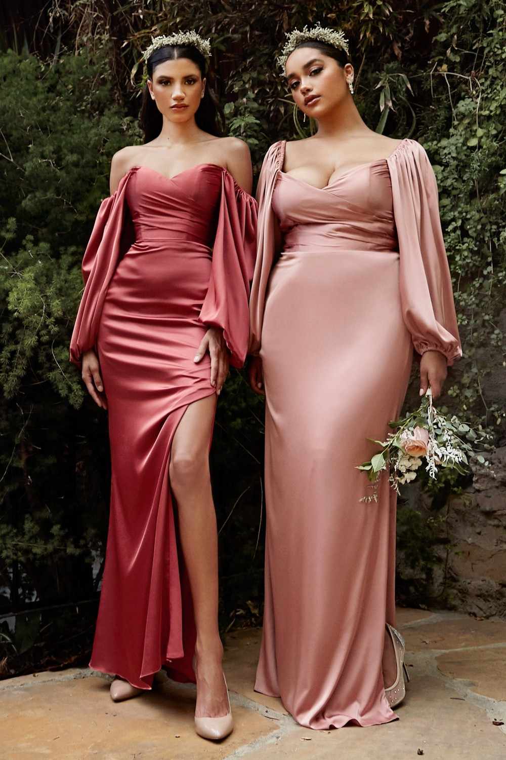 Cinderella Divine 7482 Long Sleeve Off the Shoulder Soft Satin Fitted Dress by DiscountDressShop