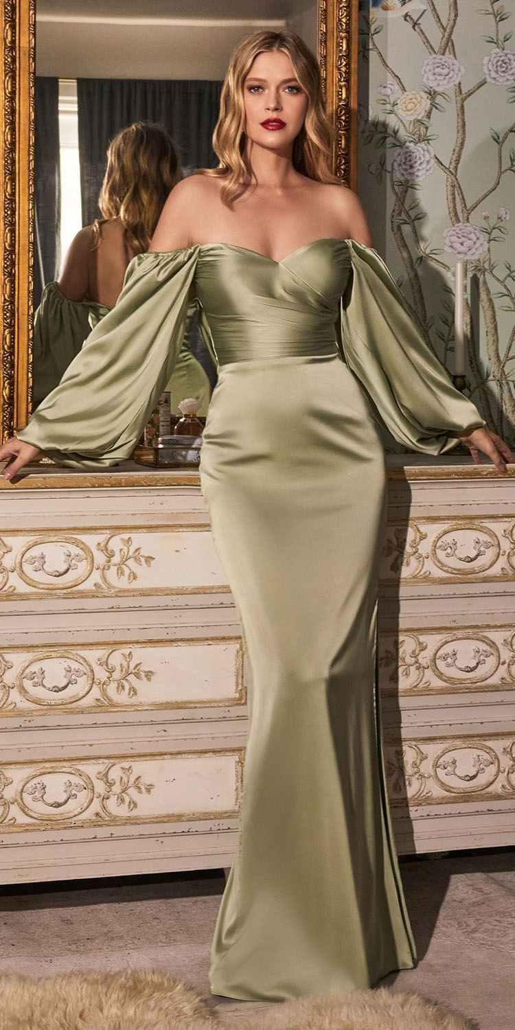 Cinderella Divine 7482 Long Sleeve Off the Shoulder Soft Satin Fitted Dress by DiscountDressShop