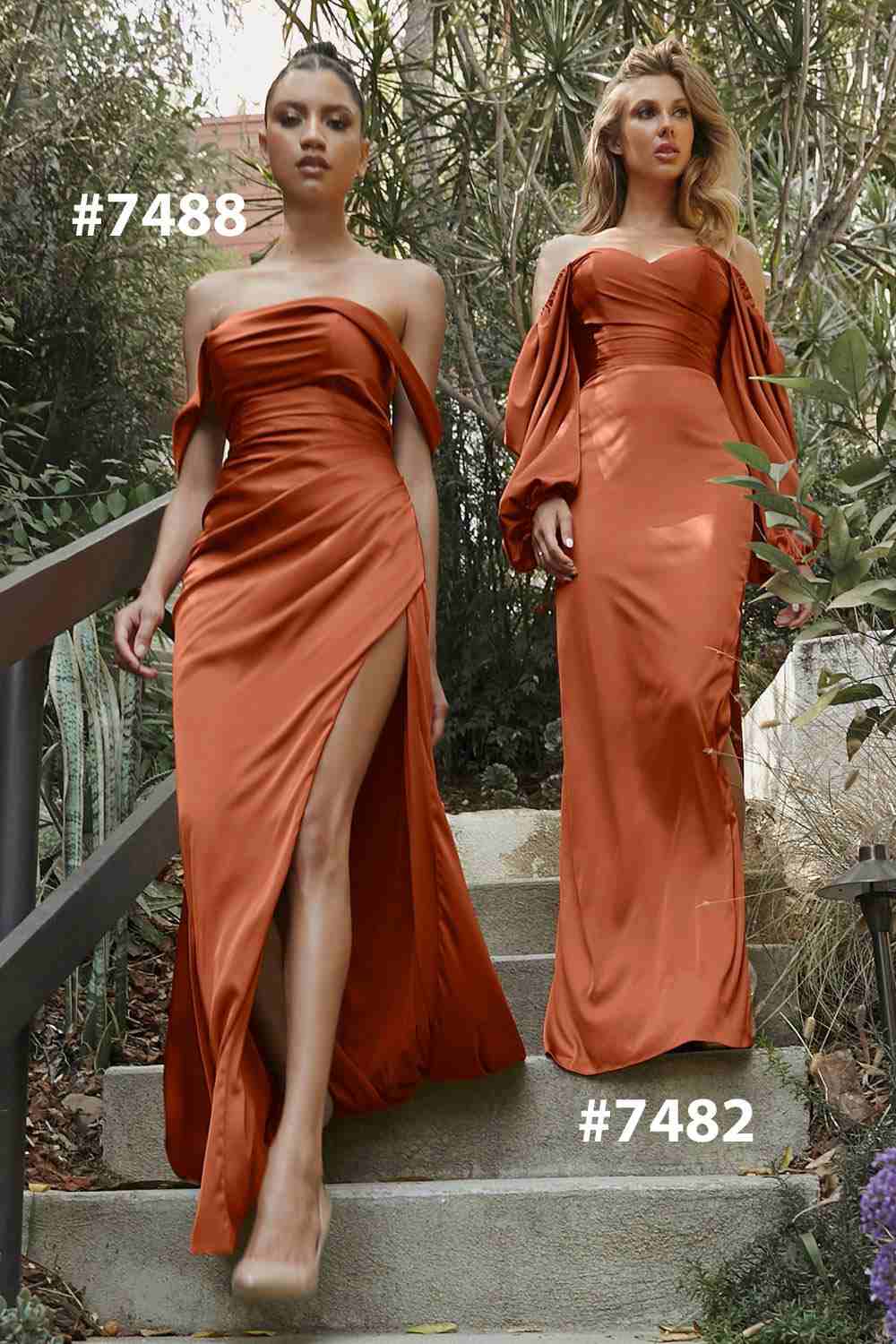 Cinderella Divine 7482 Long Sleeve Off the Shoulder Soft Satin Fitted Dress by DiscountDressShop