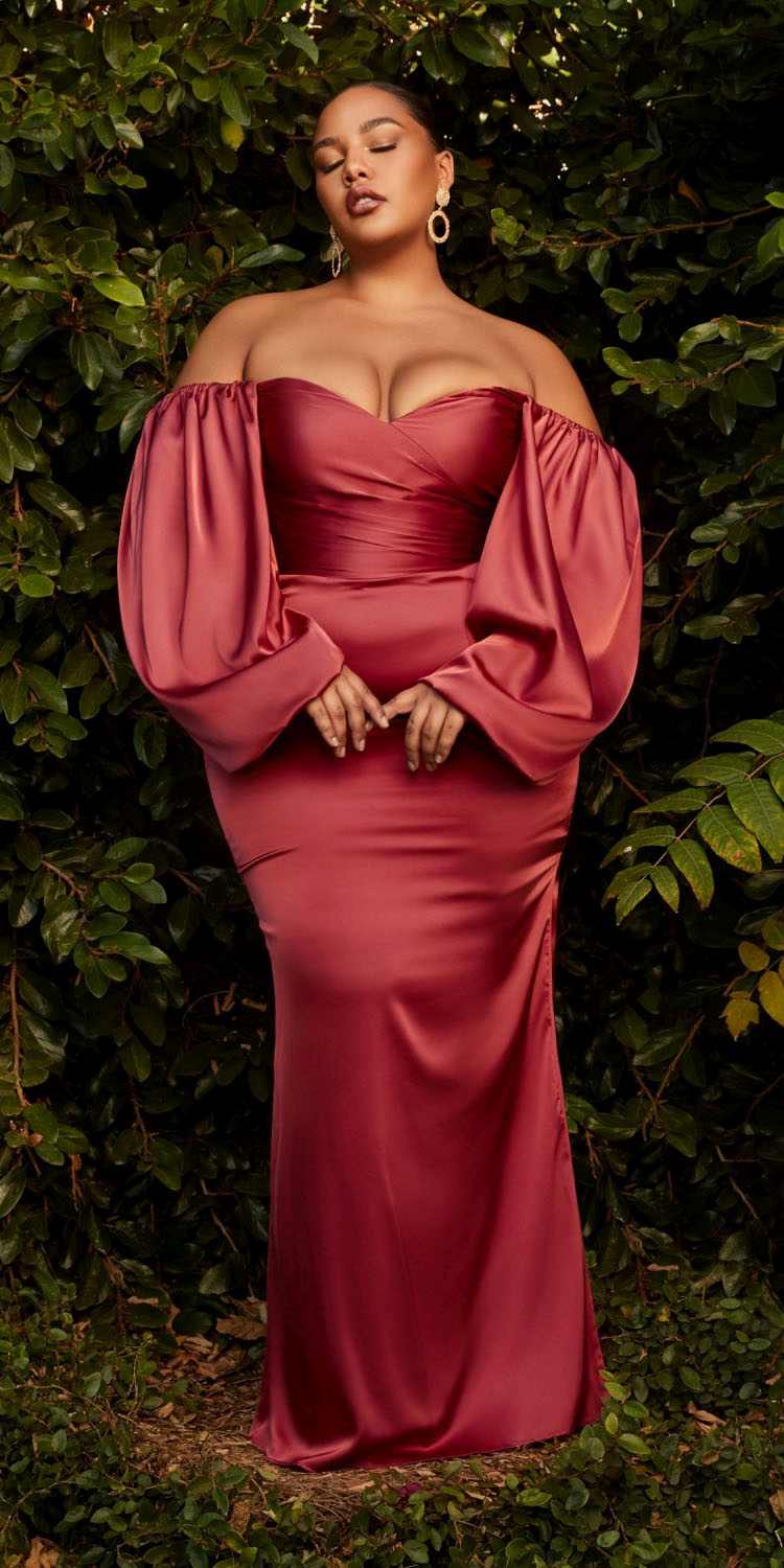 Cinderella Divine 7482 Long Sleeve Off the Shoulder Soft Satin Fitted Dress by DiscountDressShop