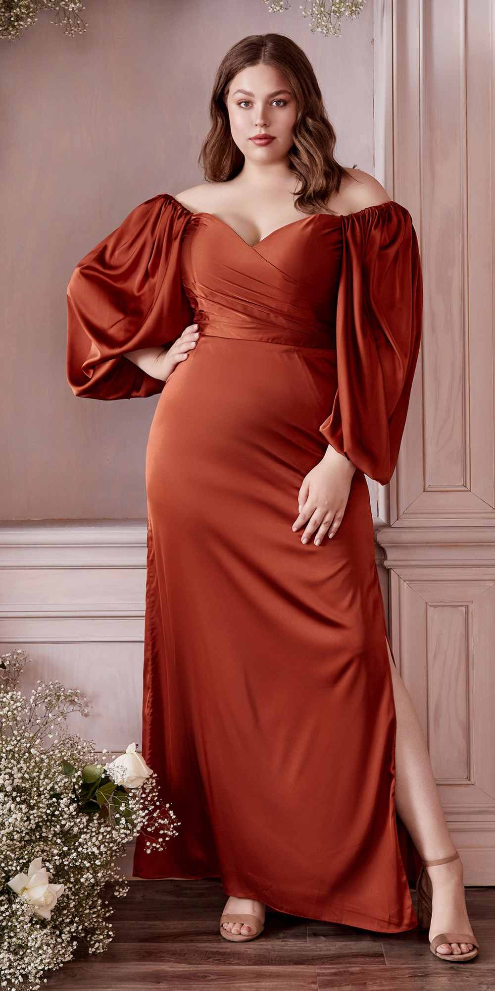 Cinderella Divine 7482 Long Sleeve Off the Shoulder Soft Satin Fitted Dress by DiscountDressShop