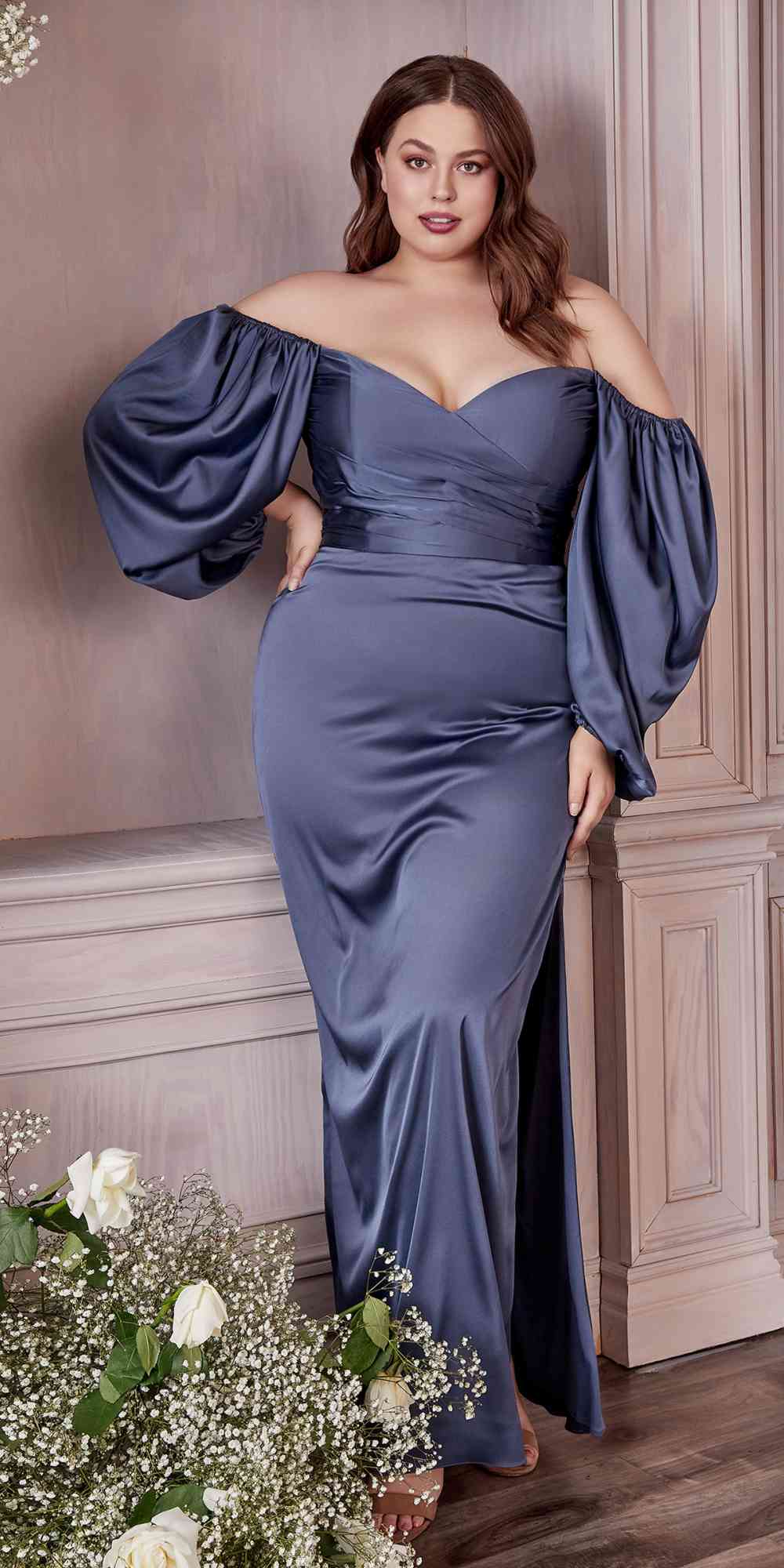 Cinderella Divine 7482 Long Sleeve Off the Shoulder Soft Satin Fitted Dress by DiscountDressShop
