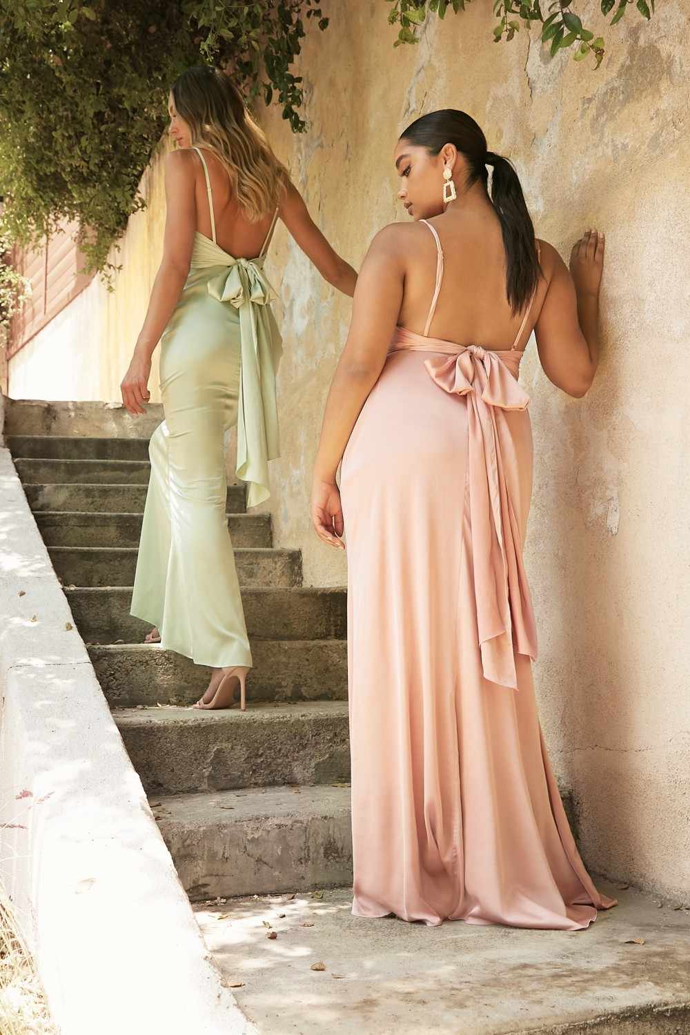Cinderella Divine 7487W Fitted Satin Dress Cowl Neckline Open Tie Back by DiscountDressShop