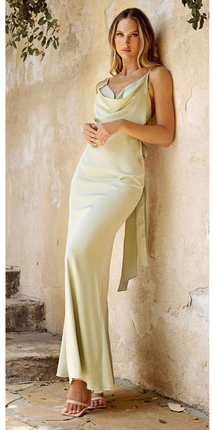 Cinderella Divine 7487W Fitted Satin Dress Cowl Neckline Open Tie Back by DiscountDressShop