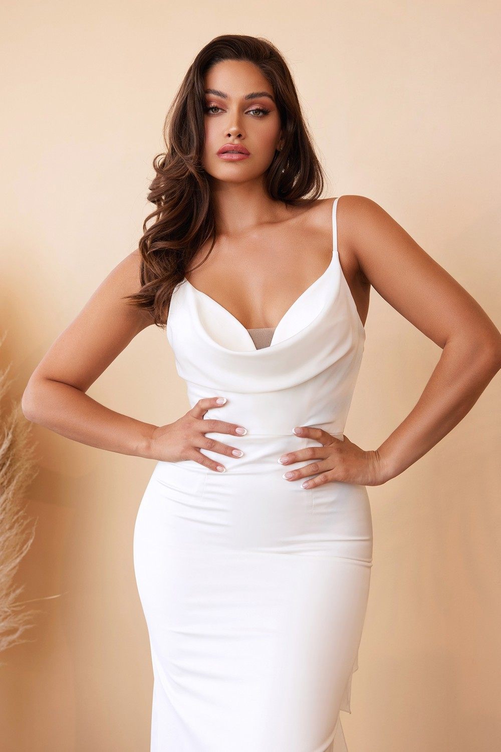 Cinderella Divine 7487W Fitted Satin Dress Cowl Neckline Open Tie Back by DiscountDressShop