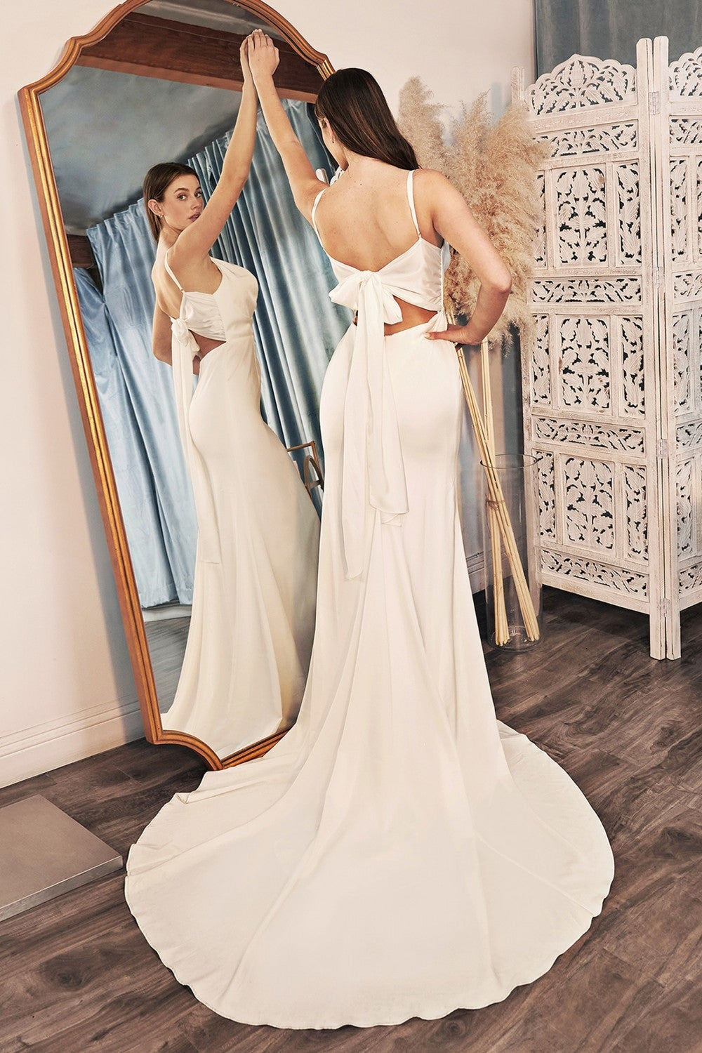 Cinderella Divine 7487W Fitted Satin Dress Cowl Neckline Open Tie Back by DiscountDressShop
