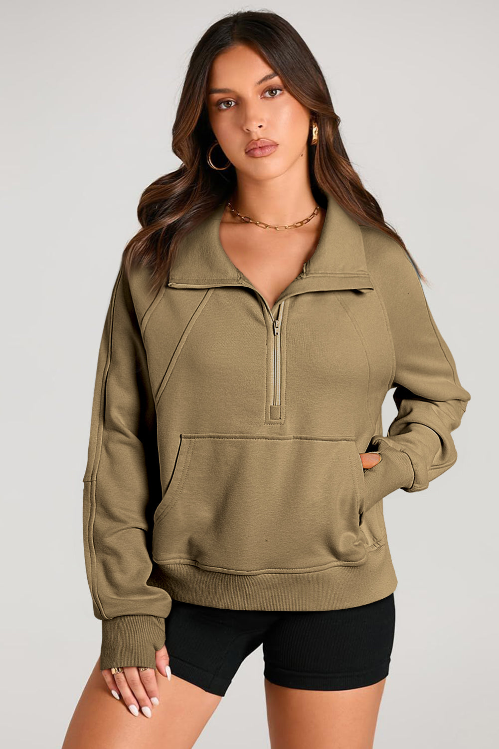 Smoke Green Quarter Zip Stand Neck Kangaroo Pocket Sweatshirt by Wild and Free Boutique