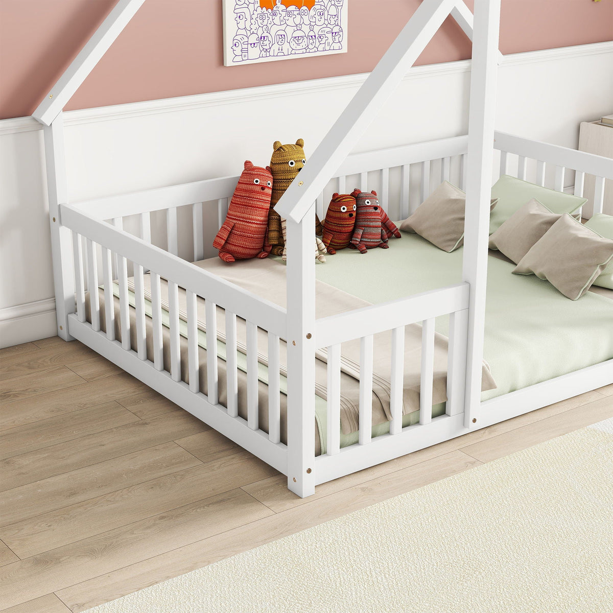 Wood House-Shaped Floor Bed With Fence, Guardrails by Unique Piece Furniture