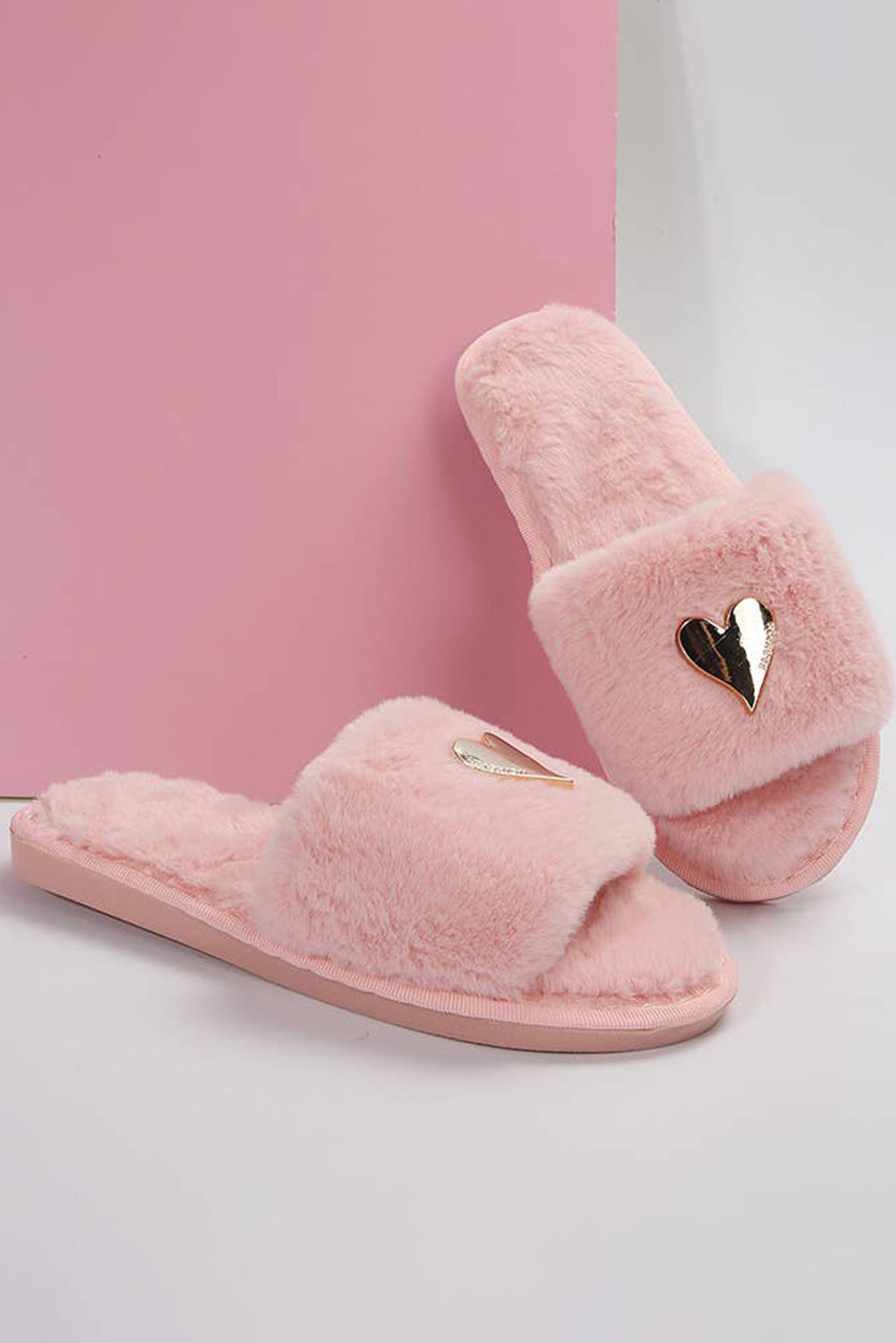 Parchment Heart Shape Buckle Decor Open Toe Plush Slippers by Wild and Free Boutique