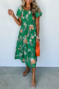 Green Floral Print Bubble Sleeve Smocked Tiered Midi Dress by Dear-Lover Dropshipping