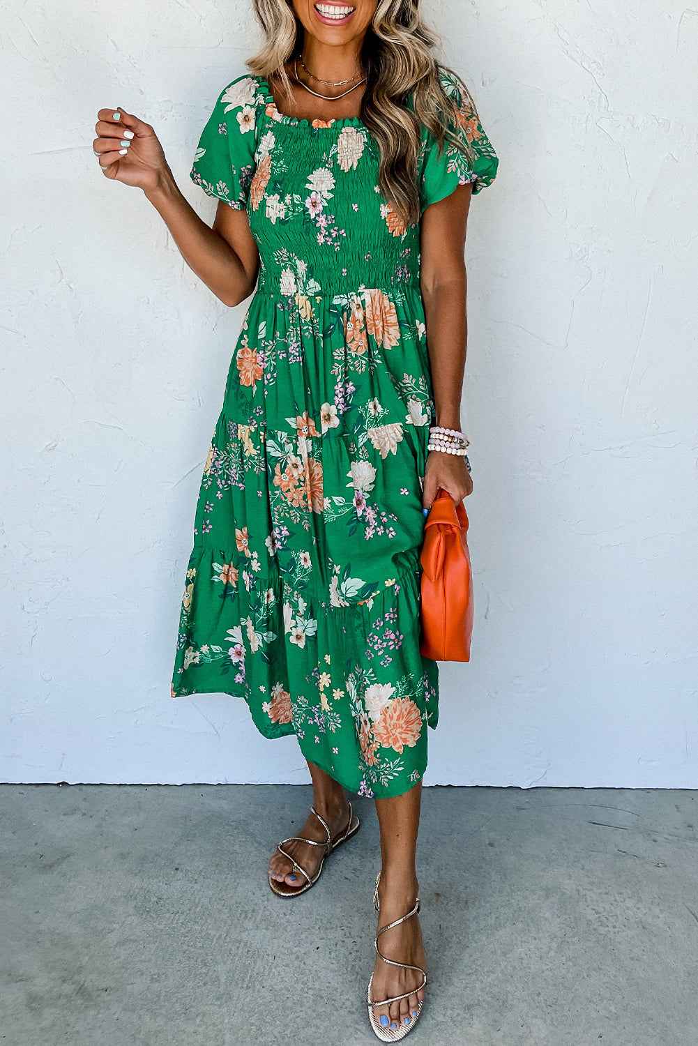 Green Floral Print Bubble Sleeve Smocked Tiered Midi Dress by Dear-Lover Dropshipping