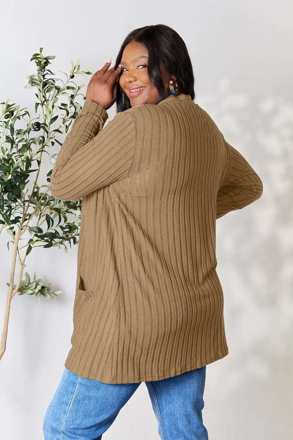 Basic Bae Full Size Ribbed Open Front Cardigan with Pockets by Wild and Free Boutique