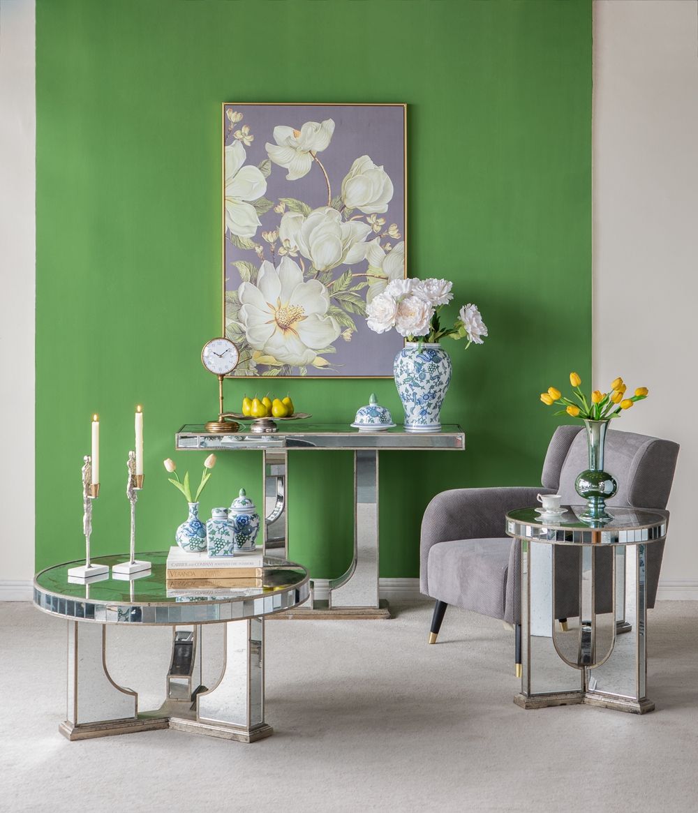 Large Mirrored Dining Table With Elegant Floral Design And - Silver Multi by Unique Piece Furniture