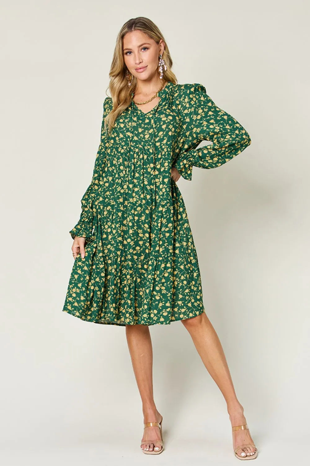 Double Take Full Size Printed Ruffle Hem Long Sleeve Tiered Dress by Wild and Free Boutique