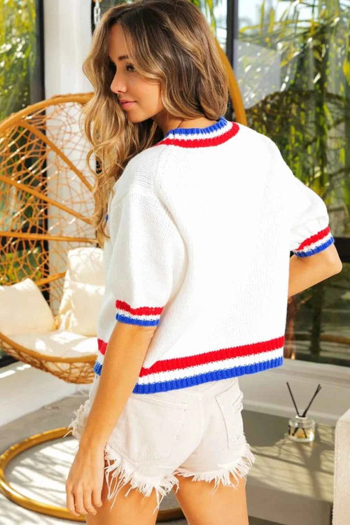 BiBi Metallic America Letter Short Sleeve Sweater by Wild and Free Boutique
