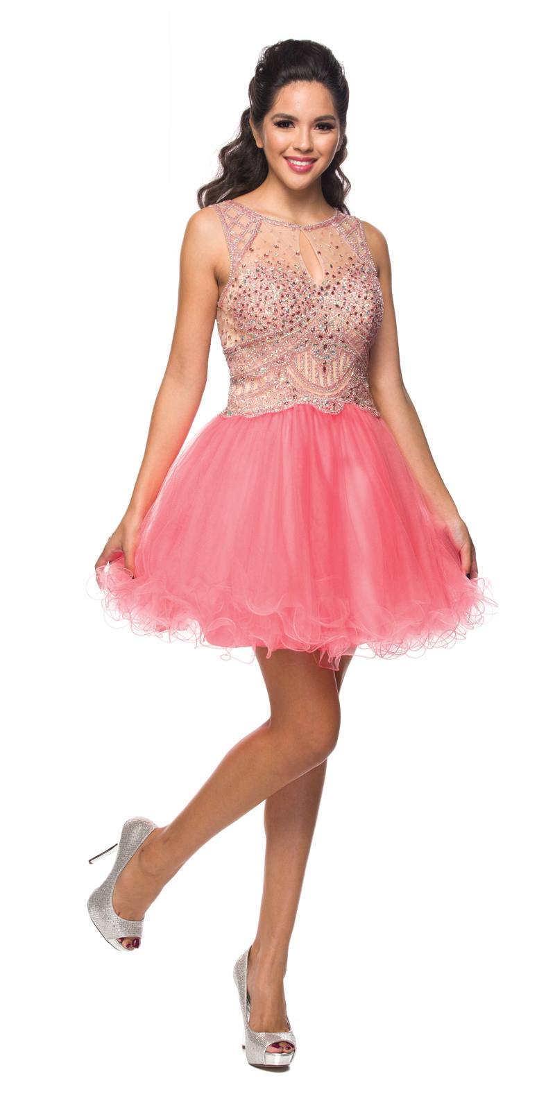 Juliet 761 Short Prom Dress Embellished Bodice with Keyhole by DiscountDressShop