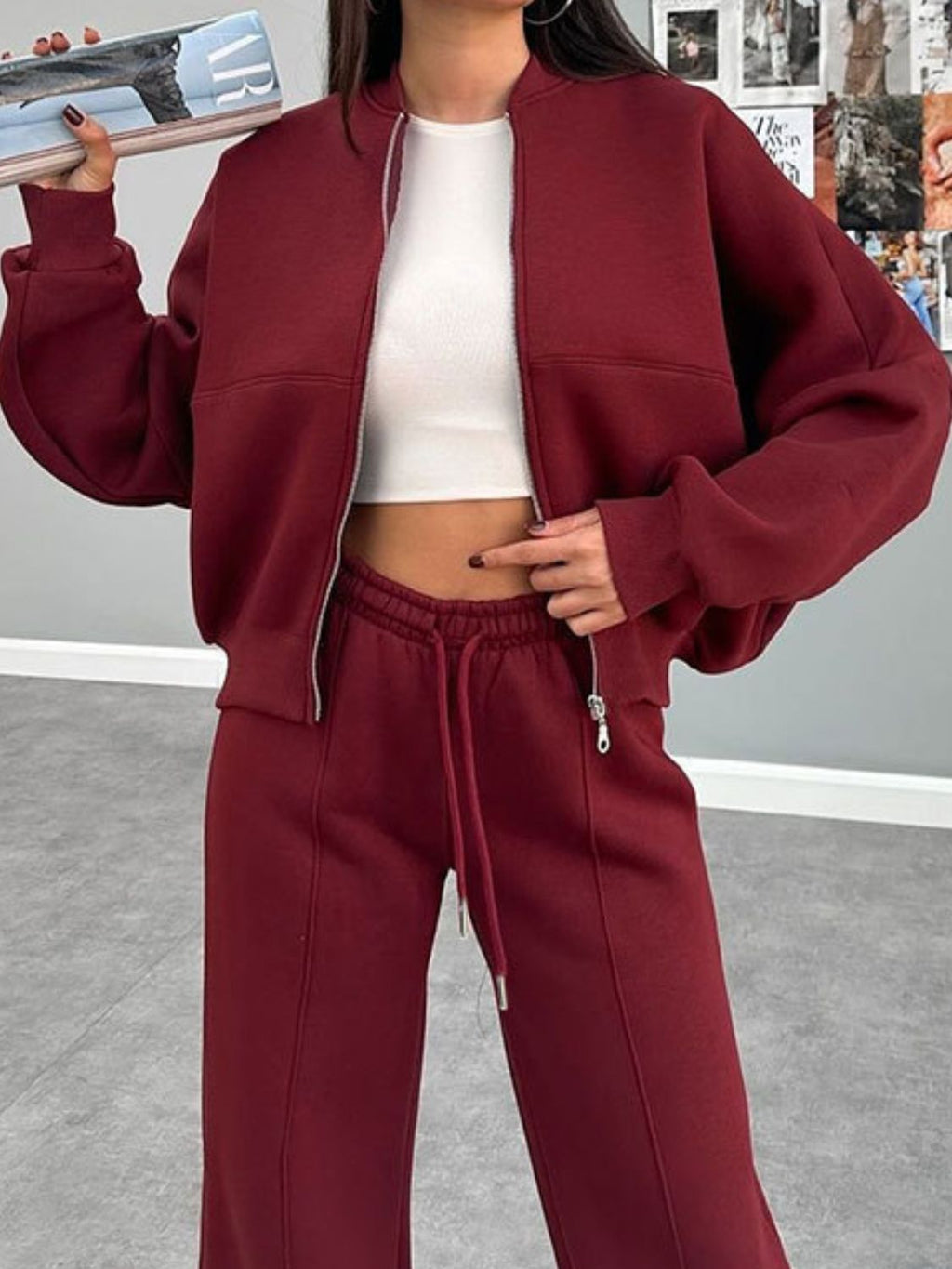 Baseball Collar Zip Up Top and Drawstring Paants Set by Wild and Free Boutique